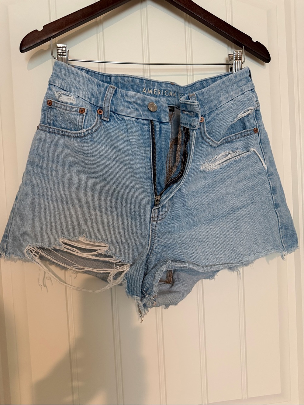 American Eagle Outfitters Light Wash High-Rise Distressed Denim Shorts
